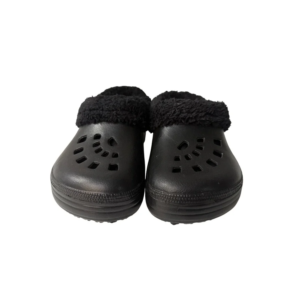 Black Faux Fur Lined Clogs Kids Size 5/6 Slip On Comfort Shoes Round Toe